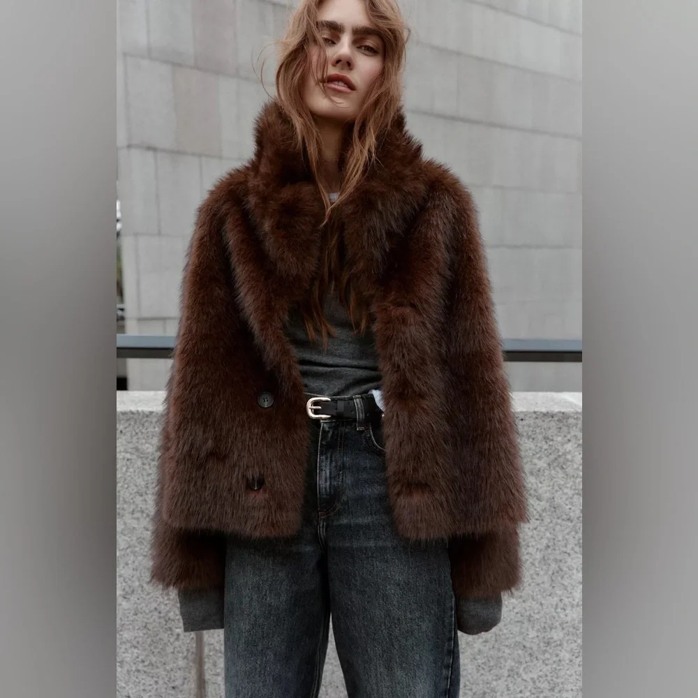 Zara Faux Fur Brown Reversible Jacket Coat
